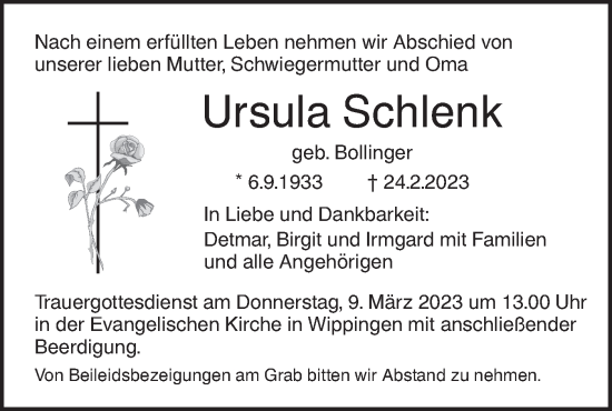 Traueranzeige von Ursula Schlenk von SÜDWEST PRESSE Ausgabe Ulm/Neu-Ulm