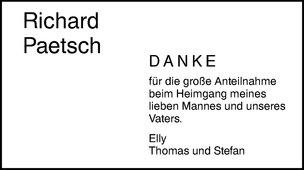  Traueranzeige für Richard Paetsch vom 29.04.2023 aus SÜDWEST PRESSE Ausgabe Ulm/Neu-Ulm