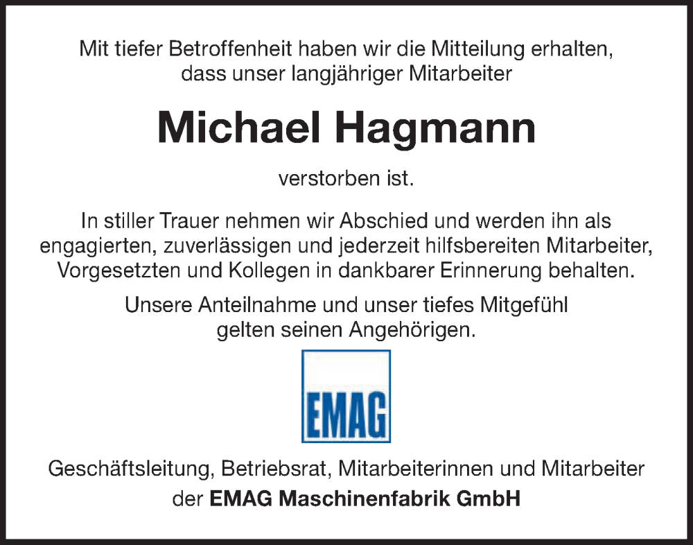  Traueranzeige für Michael Hagmann vom 19.08.2023 aus NWZ Neue Württembergische Zeitung