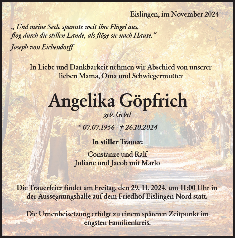  Traueranzeige für Angelika Göpfrich vom 15.11.2024 aus NWZ Neue Württembergische Zeitung