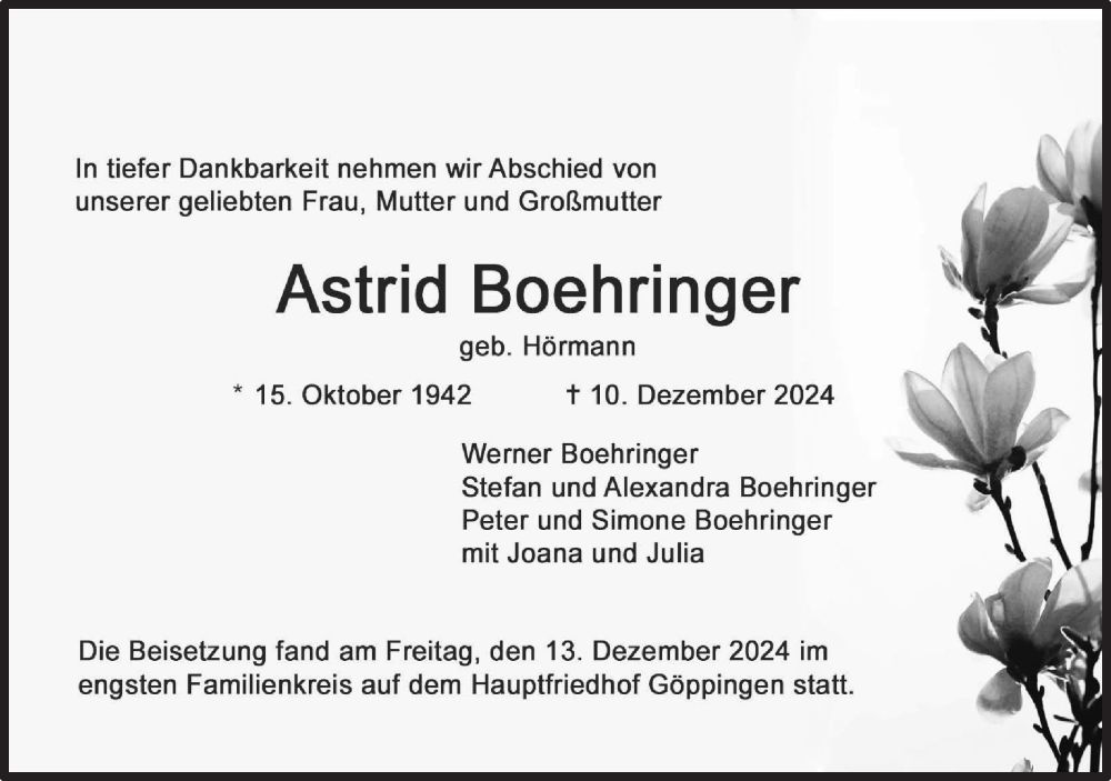  Traueranzeige für Astrid Boehringer vom 14.12.2024 aus NWZ Neue Württembergische Zeitung