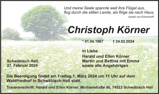 Traueranzeige von Christoph Körner von Haller Tagblatt
