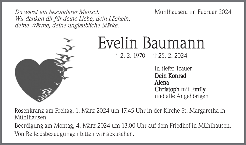  Traueranzeige für Evelin Baumann vom 29.02.2024 aus Geislinger Zeitung