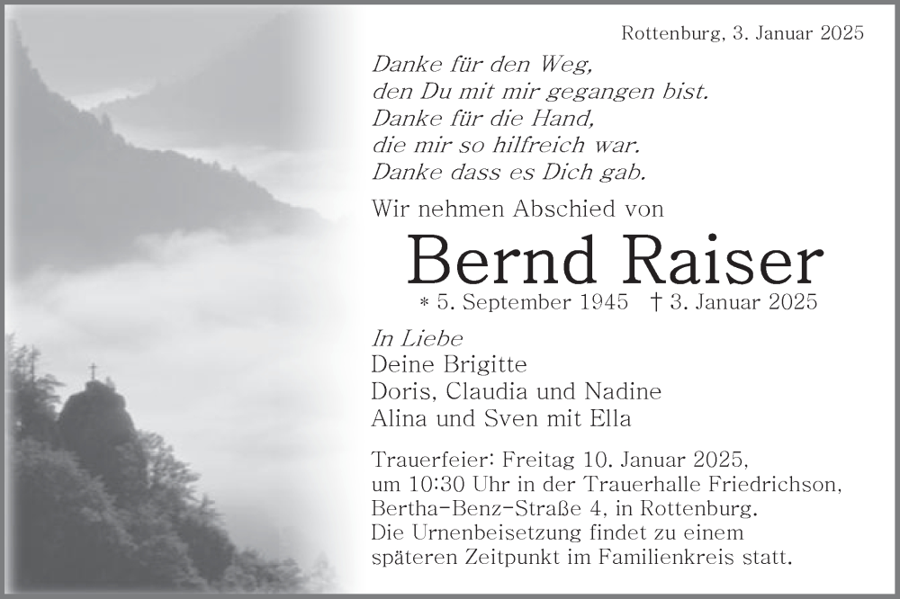  Traueranzeige für Bernd Raiser vom 09.01.2025 aus Schwäbische Tagblatt