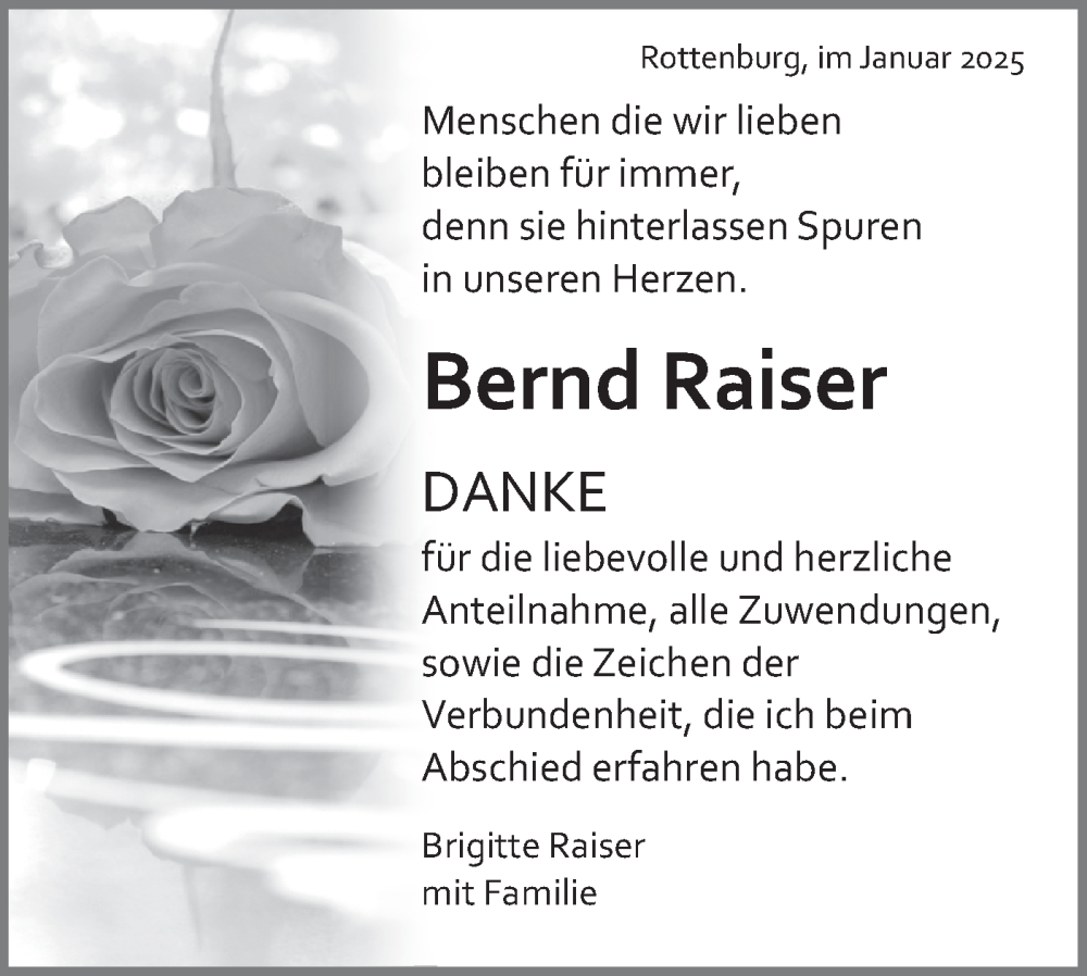  Traueranzeige für Bernd Raiser vom 28.01.2025 aus Schwäbische Tagblatt