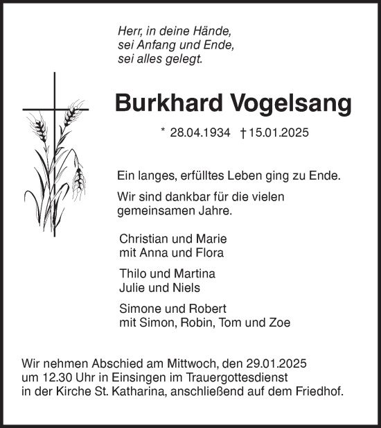 Traueranzeige von Burkhard Vogelsang von SÜDWEST PRESSE Ausgabe Ulm/Neu-Ulm