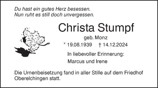 Traueranzeige von Christa Stumpf von SÜDWEST PRESSE Ausgabe Ulm/Neu-Ulm