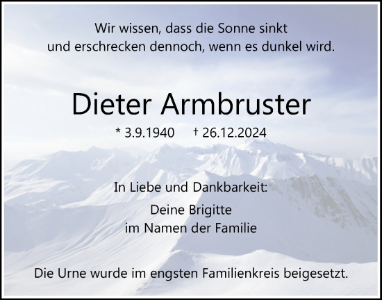 Traueranzeige von Dieter Armbruster von SÜDWEST PRESSE Ausgabe Ulm/Neu-Ulm