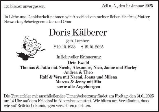 Traueranzeige von Doris Kälberer von NWZ Neue Württembergische Zeitung