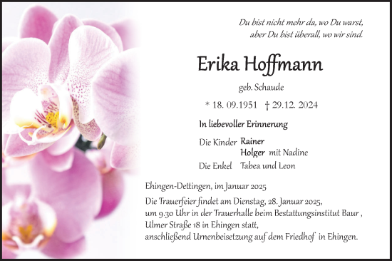 Traueranzeige von Erika Hoffmann von Ehinger Tagblatt