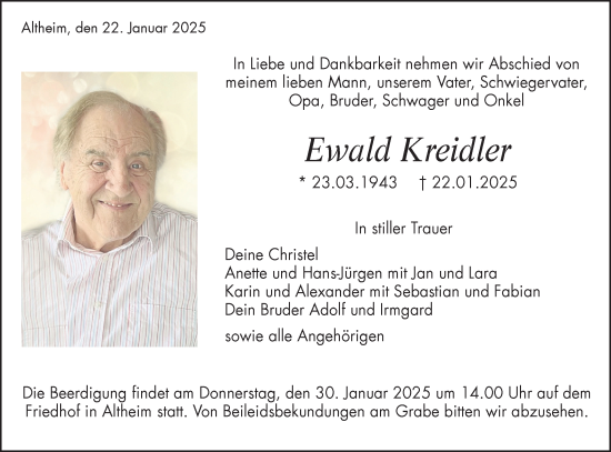 Traueranzeige von Ewald Kreidler von Neckar-Chronik