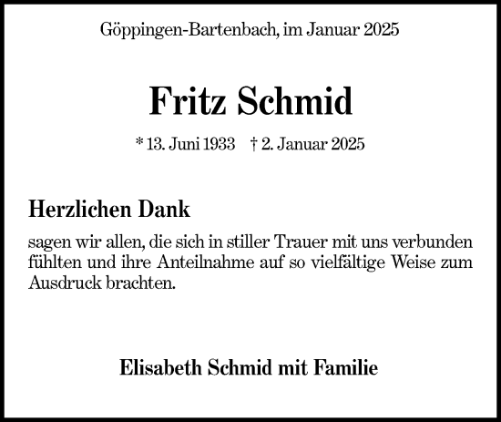 Traueranzeige von Fritz Schmid von NWZ Neue Württembergische Zeitung