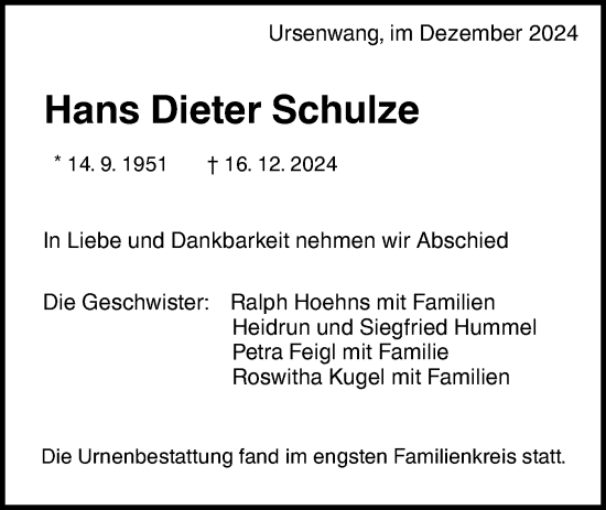 Traueranzeige von Hans Dieter Schulze von NWZ Neue Württembergische Zeitung