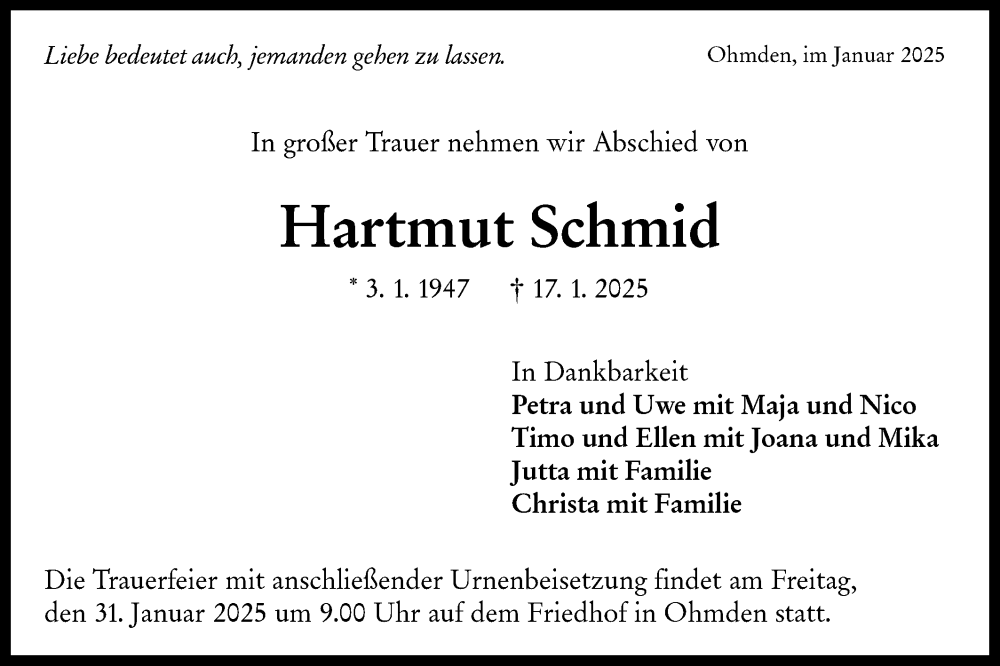  Traueranzeige für Hartmut Schmid vom 25.01.2025 aus NWZ Neue Württembergische Zeitung