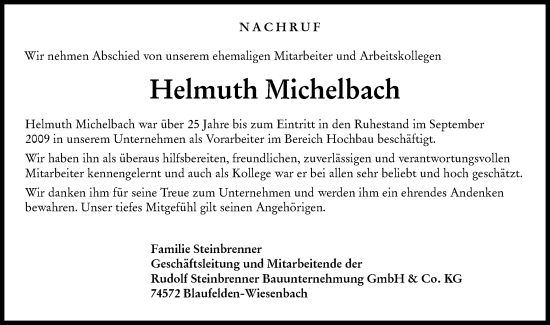 Traueranzeige von Helmuth Michelbach von Hohenloher Tagblatt