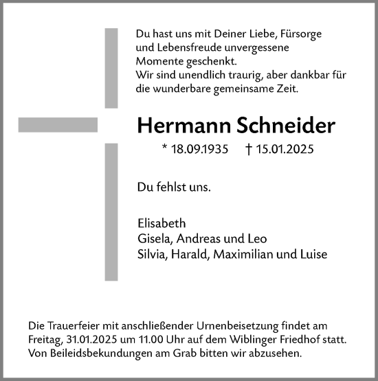 Traueranzeige von Hermann Schneider von SÜDWEST PRESSE Ausgabe Ulm/Neu-Ulm