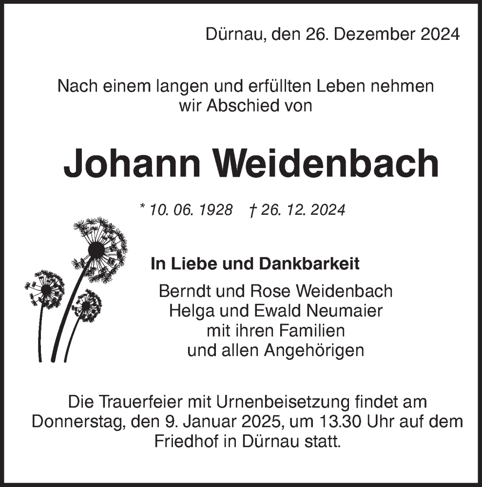  Traueranzeige für Johann Weidenbach vom 03.01.2025 aus NWZ Neue Württembergische Zeitung