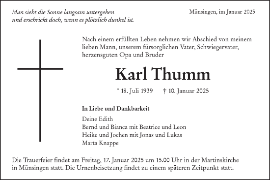 Traueranzeige von Karl Thumm von Alb-Bote/Metzinger-Uracher Volksblatt