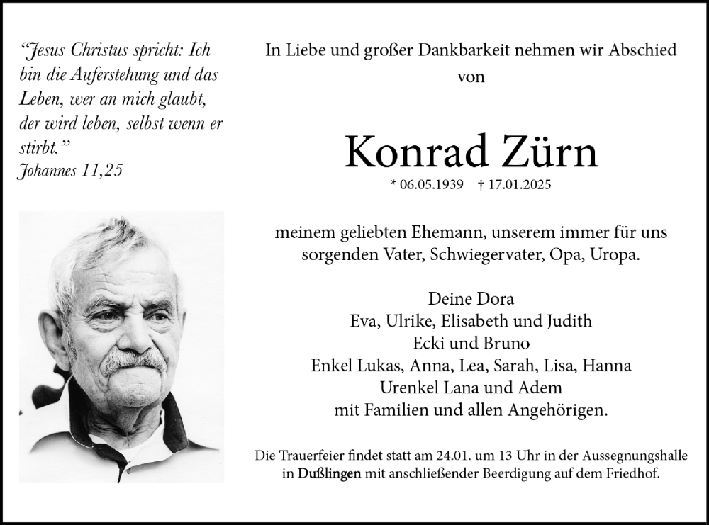  Traueranzeige für Konrad Zürn vom 21.01.2025 aus Schwäbische Tagblatt