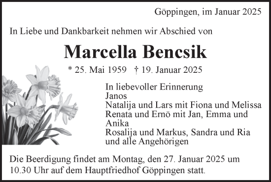 Traueranzeige von Marcella Bencsik von NWZ Neue Württembergische Zeitung