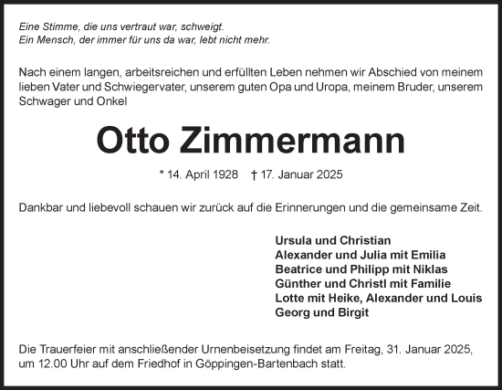 Traueranzeige von Otto Zimmermann von NWZ Neue Württembergische Zeitung