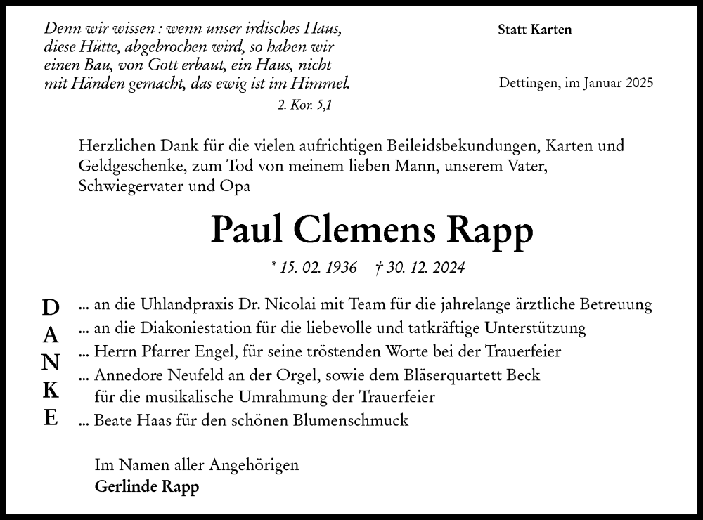  Traueranzeige für Paul Clemens Rapp vom 24.01.2025 aus Alb-Bote/Metzinger-Uracher Volksblatt