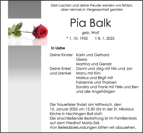 Traueranzeige von Pia Balk von SÜDWEST PRESSE Zollernalbkreis/Hohenzollerische Zeitung