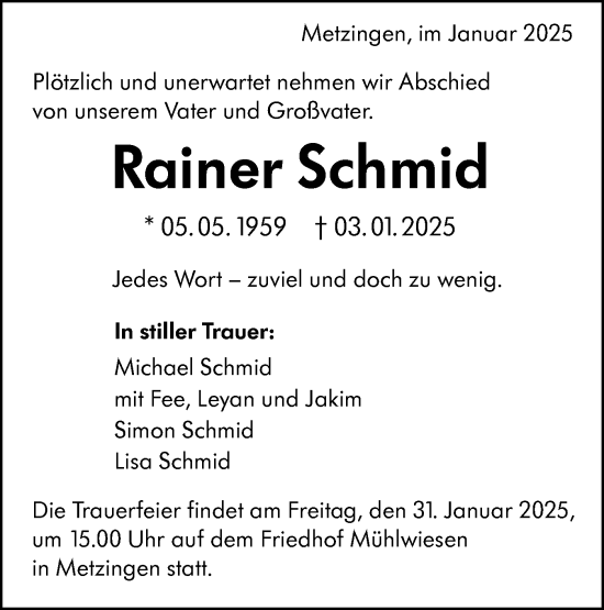 Traueranzeige von Rainer Schmid von Alb-Bote/Metzinger-Uracher Volksblatt