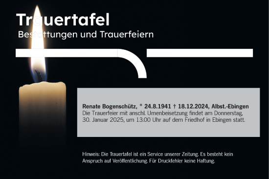 Traueranzeige von Renate Bogenschutz von SÜDWEST PRESSE Zollernalbkreis/Hohenzollerische Zeitung