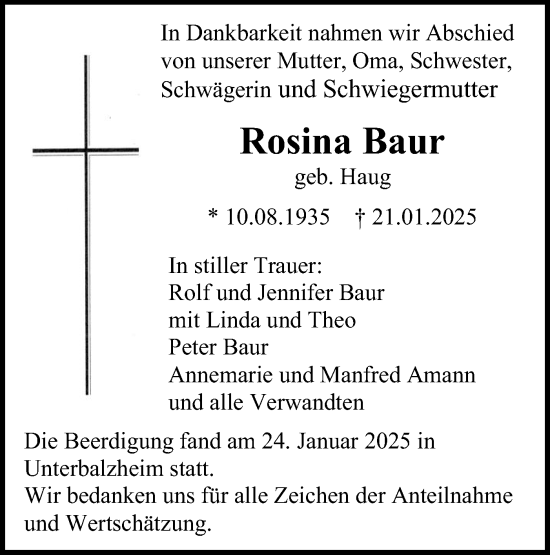 Traueranzeige von Rosina Baur von SÜDWEST PRESSE Ausgabe Ulm/Neu-Ulm