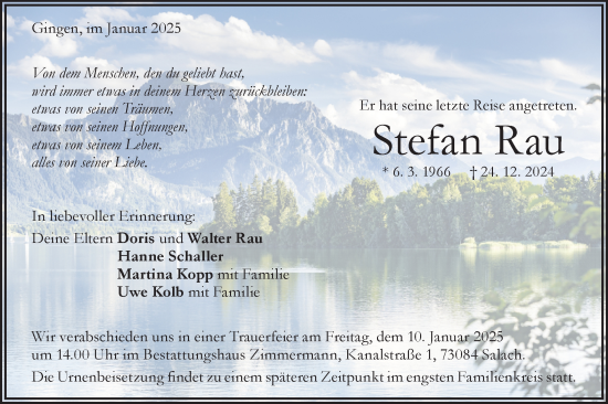 Traueranzeige von Stefan Rau von NWZ Neue Württembergische Zeitung/Geislinger Zeitung