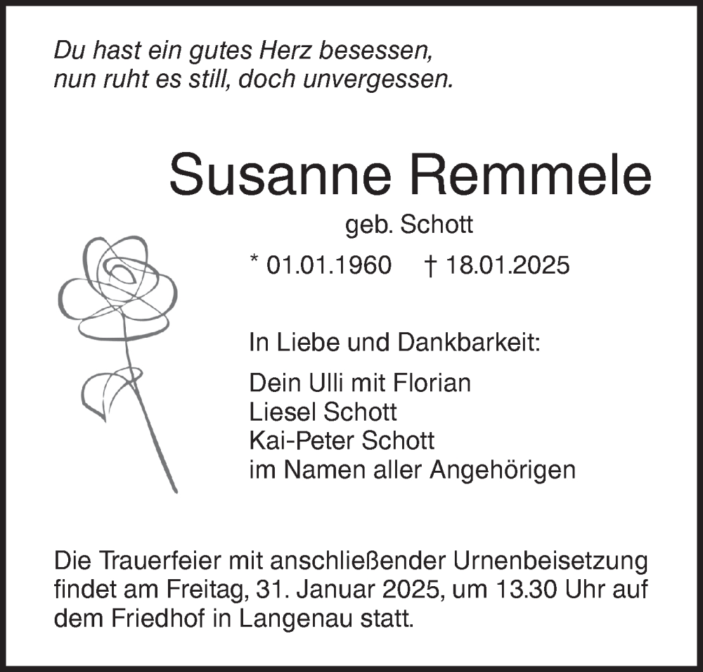  Traueranzeige für Susanne Remmele vom 25.01.2025 aus SÜDWEST PRESSE Ausgabe Ulm/Neu-Ulm