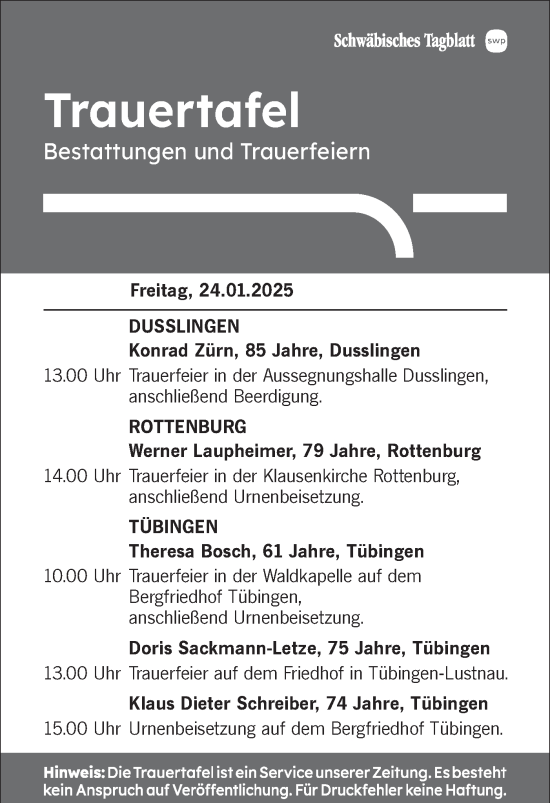 Traueranzeige von Werner Laupheimer von Schwäbische Tagblatt