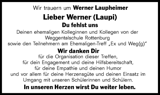 Traueranzeige von Werner Laupheimer von Schwäbische Tagblatt