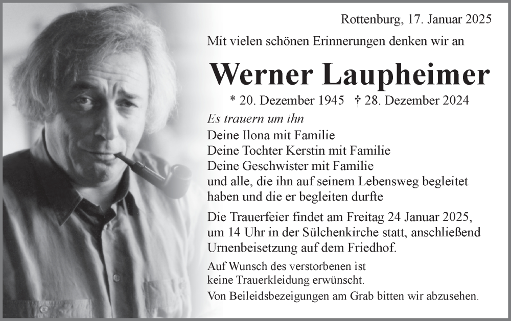  Traueranzeige für Werner Laupheimer vom 17.01.2025 aus Schwäbische Tagblatt