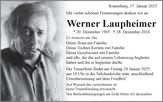 Traueranzeige von Werner Laupheimer von Schwäbische Tagblatt