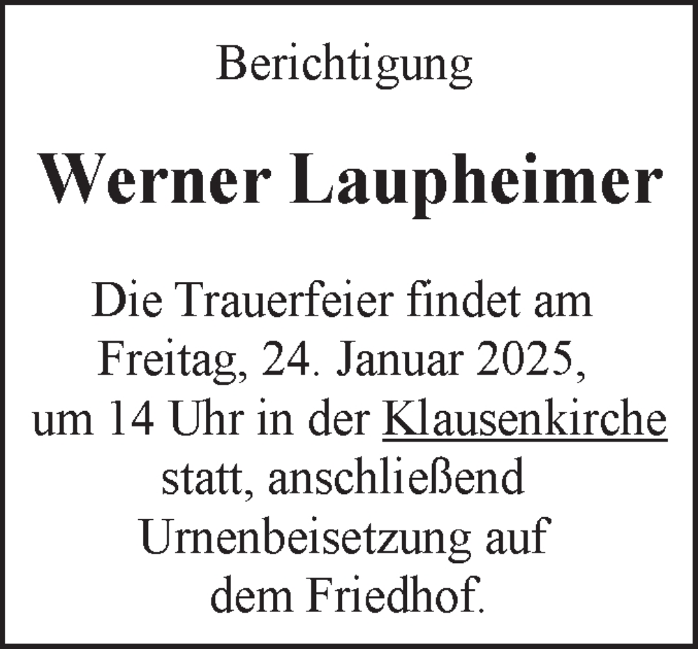  Traueranzeige für Werner Laupheimer vom 18.01.2025 aus Schwäbische Tagblatt