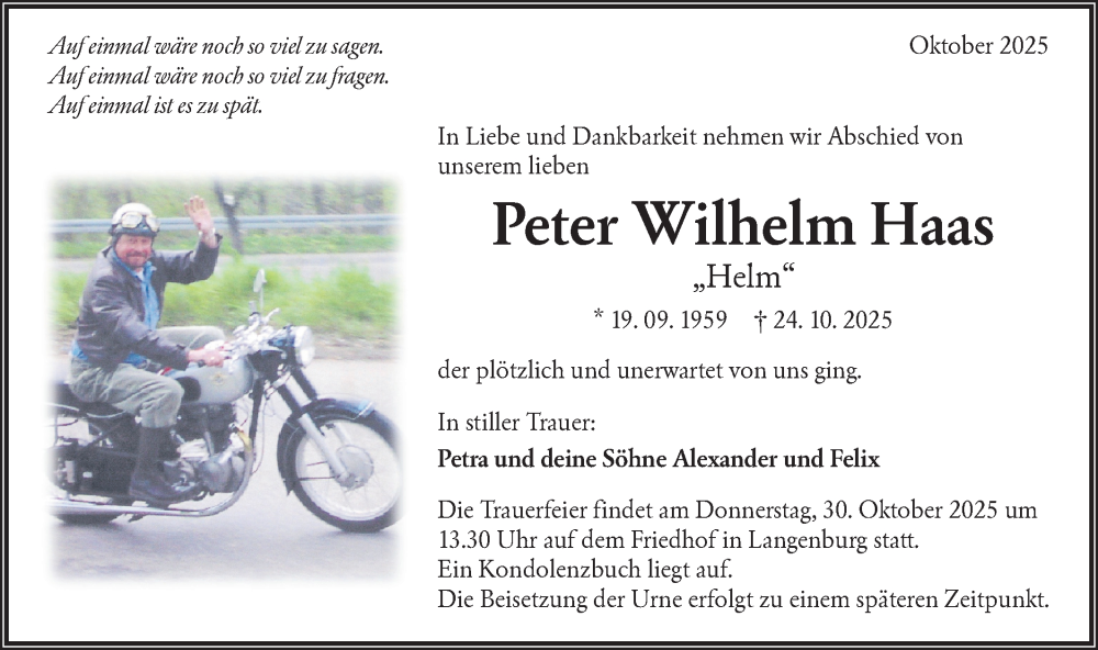  Traueranzeige für Peter Wilhelm Haas vom 28.10.2025 aus Hohenloher Tagblatt