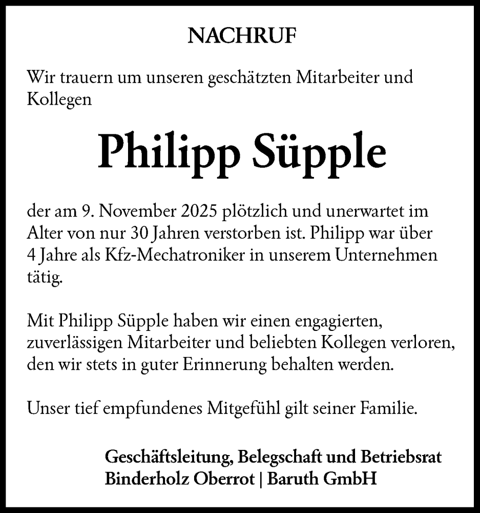  Traueranzeige für Philipp Süpple vom 15.11.2025 aus Rundschau Gaildorf
