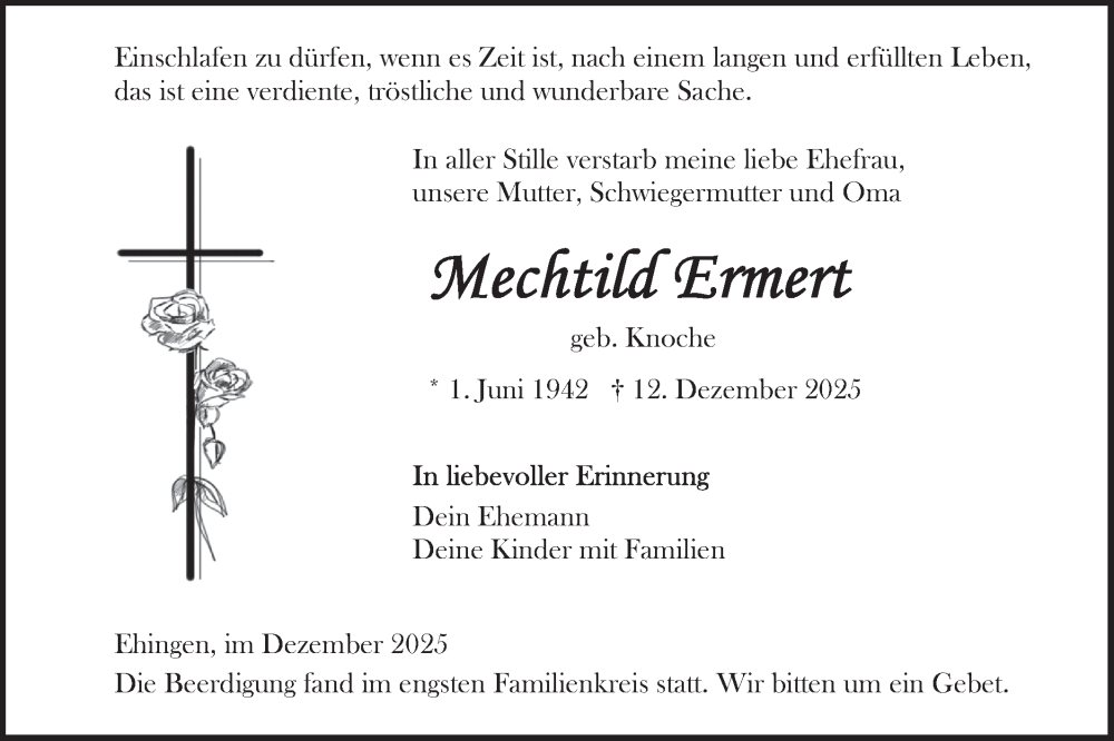  Traueranzeige für Mechtild Ermert vom 27.12.2025 aus Ehinger Tagblatt