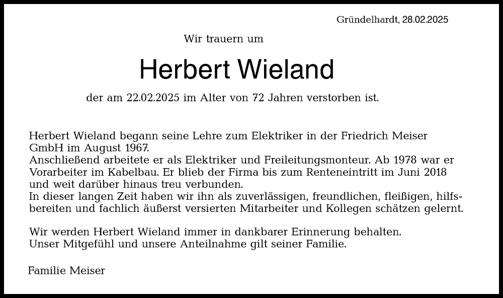  Traueranzeige für Herbert Wieland vom 28.02.2025 aus Hohenloher Tagblatt/Hohenloher Tagblatt
