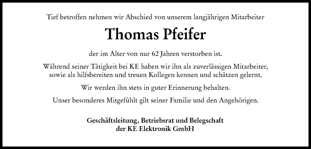 Traueranzeige für Thomas Pfeifer vom 21.02.2025 aus Hohenloher Tagblatt