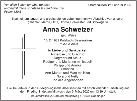 Traueranzeige von Anna Schweizer von NWZ Neue Württembergische Zeitung