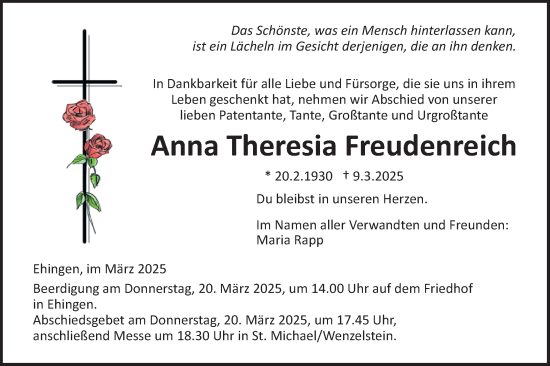 Traueranzeige von Anna Theresia Freudenreich von Ehinger Tagblatt