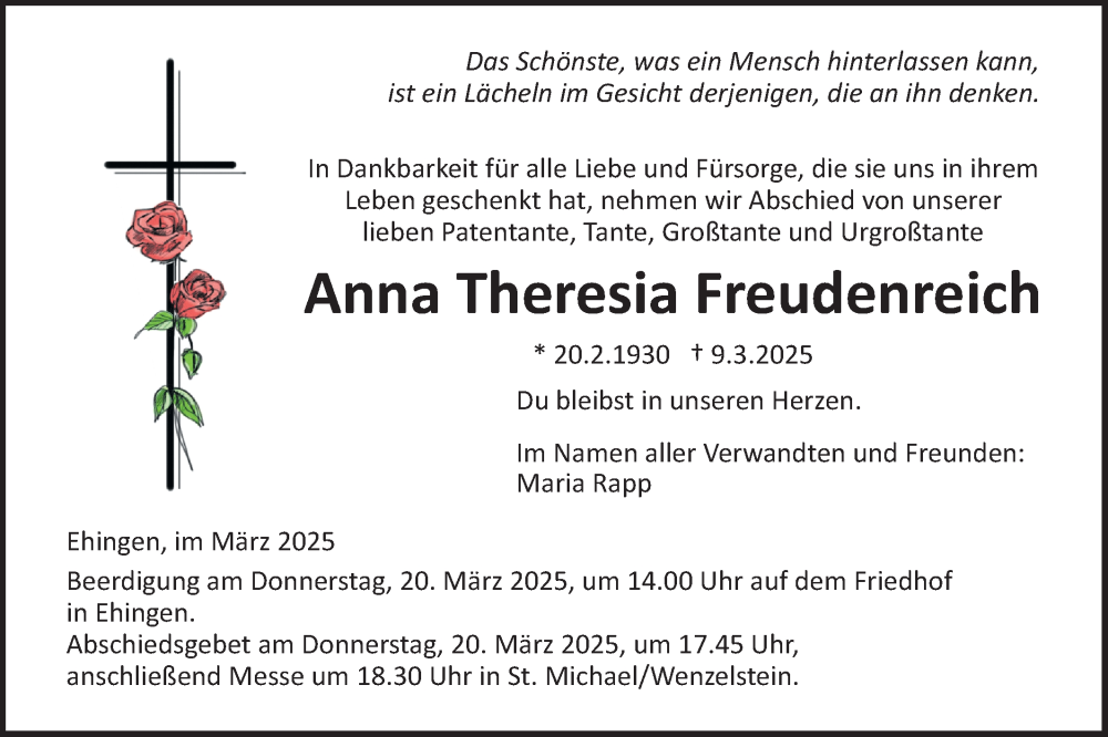  Traueranzeige für Anna Theresia Freudenreich vom 15.03.2025 aus Ehinger Tagblatt