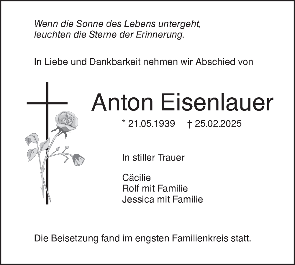  Traueranzeige für Anton Eisenlauer vom 12.03.2025 aus SÜDWEST PRESSE Ausgabe Ulm/Neu-Ulm