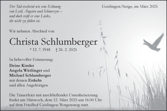 Traueranzeige von Christa Schlumberger von Geislinger Zeitung