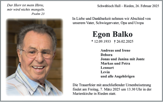 Traueranzeige von Egon Balko von Haller Tagblatt