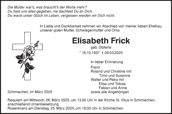 Traueranzeige von Elisabeth Frick von Ehinger Tagblatt