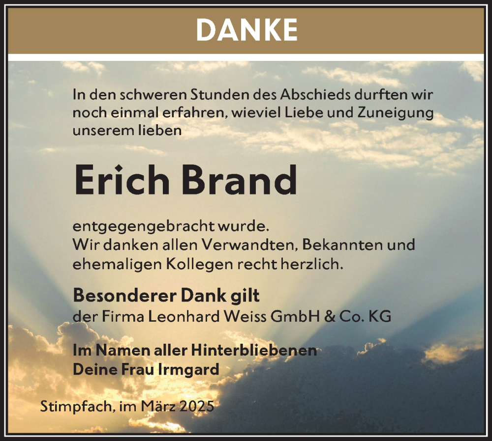  Traueranzeige für Erich Brand vom 29.03.2025 aus Hohenloher Tagblatt